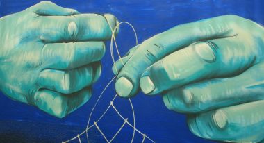 Mural of light blue hands mending a net against a royal blue backdrop.